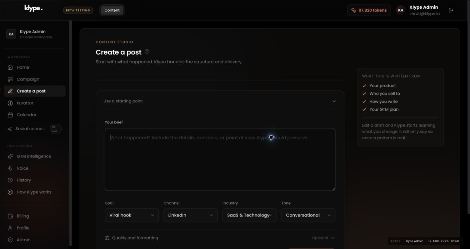 Klype create screen